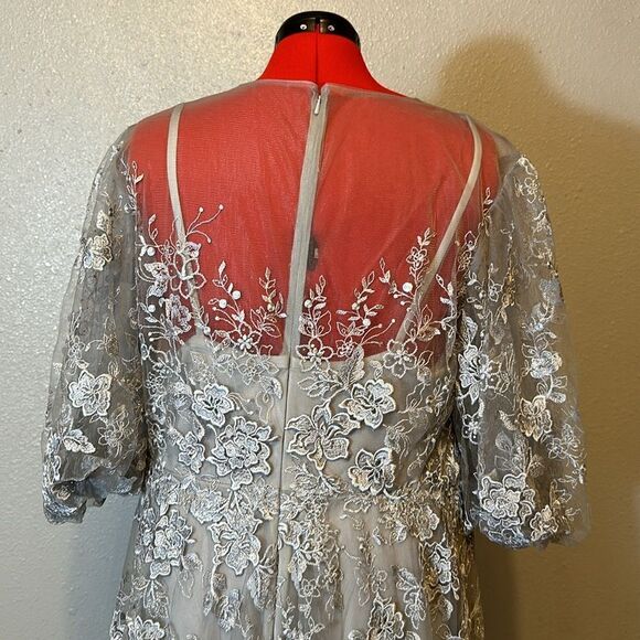 NEW Mac Duggal women’s embroidered illusion high neck puff sleeve dress size 16 - Picture 9 of 14